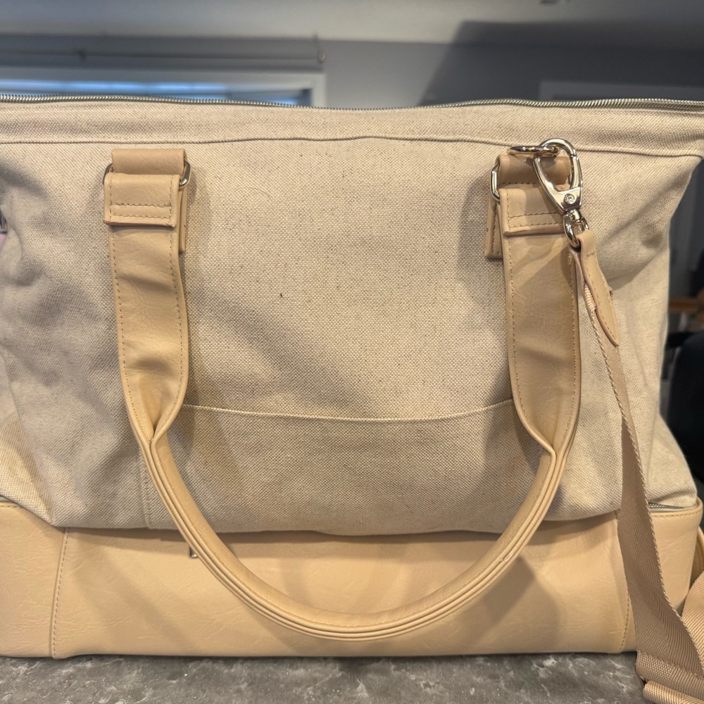 BEIS Beige Canvas & Leather Travel Tote with Detachable Strap